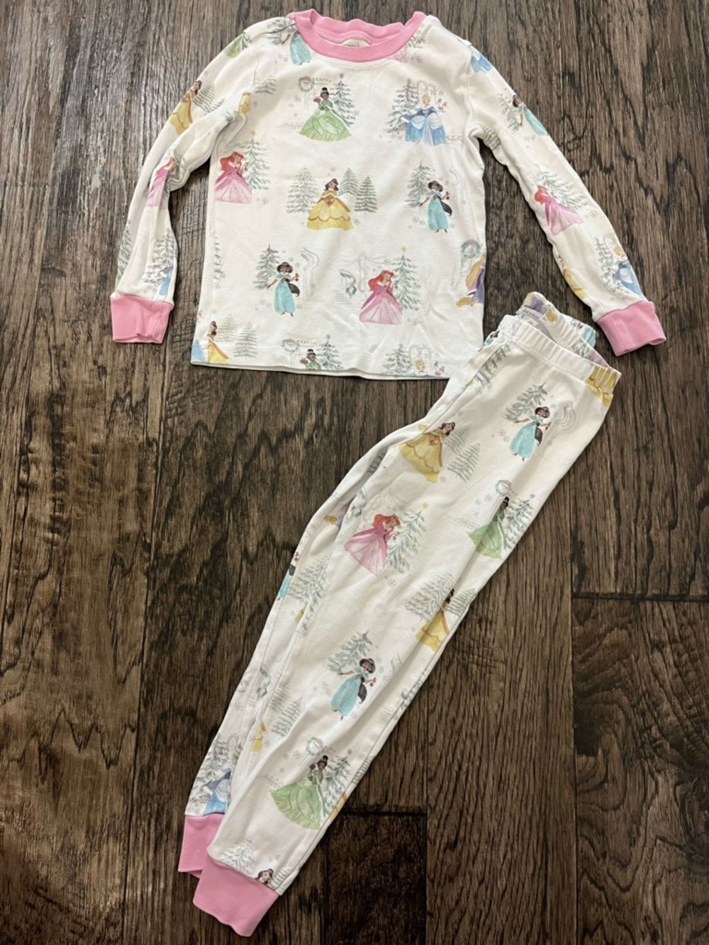 Pottery Barn Kids White Princess Print Pajama Set with Pink Trim